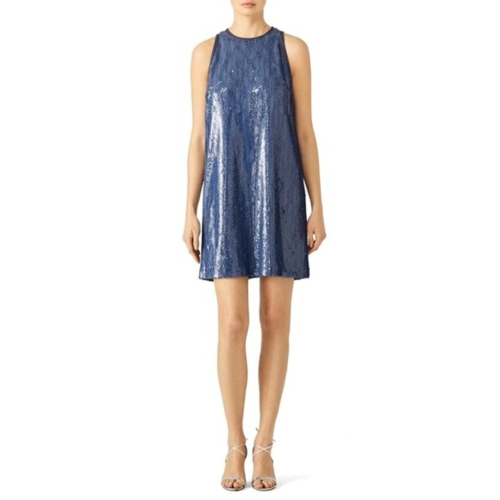 *CARMEN MARC VALVO* Shimmering Denim Sequin Blue Sleeveless Dress Size 10
